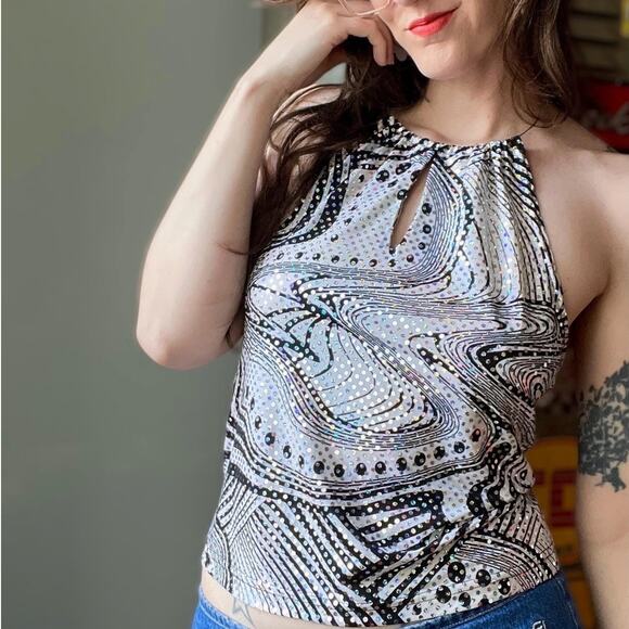 Self Esteem Tops - Y2K Self Esteem Psychedelic Halter Top | Glam Rock Party Top | L